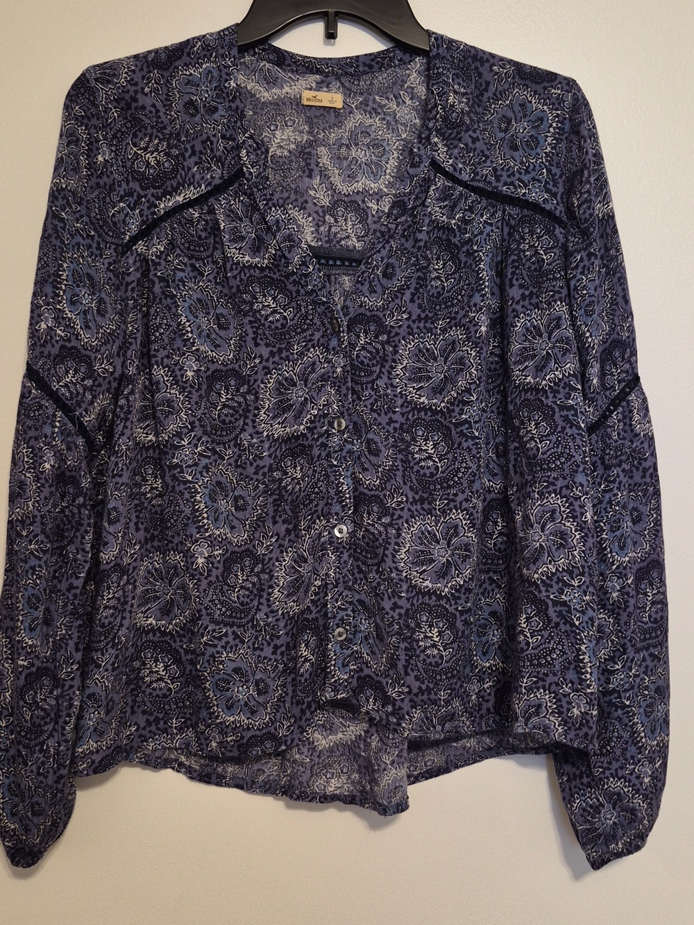 Holister Navy Blue & White Long Sleeve Button Up Blouse SZ S